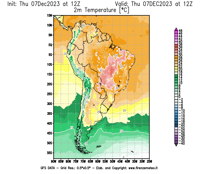 Mappa di analisi GFS - Temperatura a 2 metri dal suolo in Sud-America
							del 7 dicembre 2023 z12