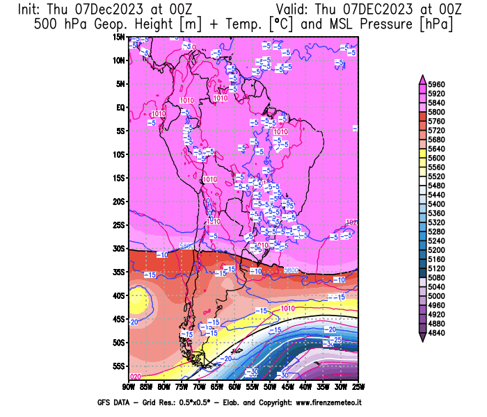 GFS analysi map - Geopotential + Temp. at 500 hPa + Sea Level Pressure in South America
									on December 7, 2023 H00