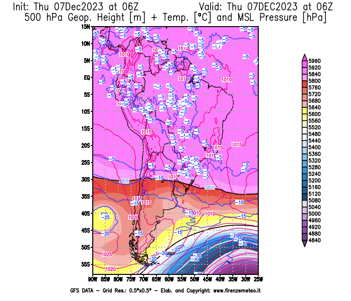 GFS analysi map - Geopotential + Temp. at 500 hPa + Sea Level Pressure in South America
									on December 7, 2023 H06