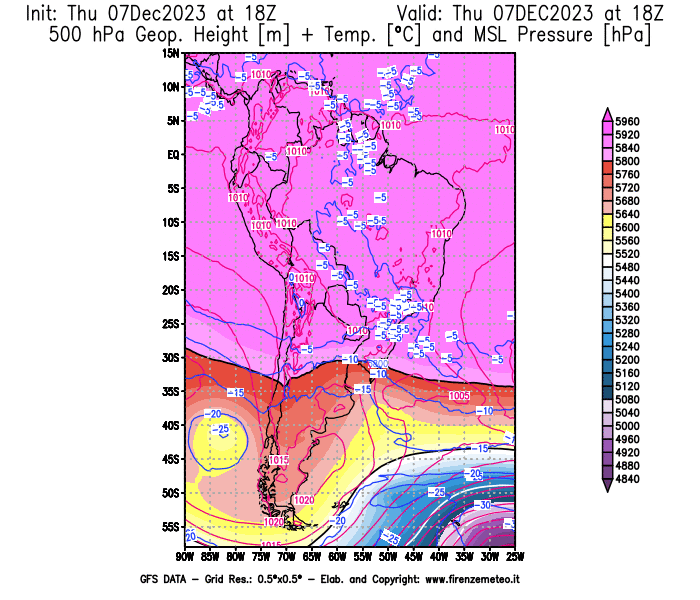 GFS analysi map - Geopotential + Temp. at 500 hPa + Sea Level Pressure in South America
									on December 7, 2023 H18