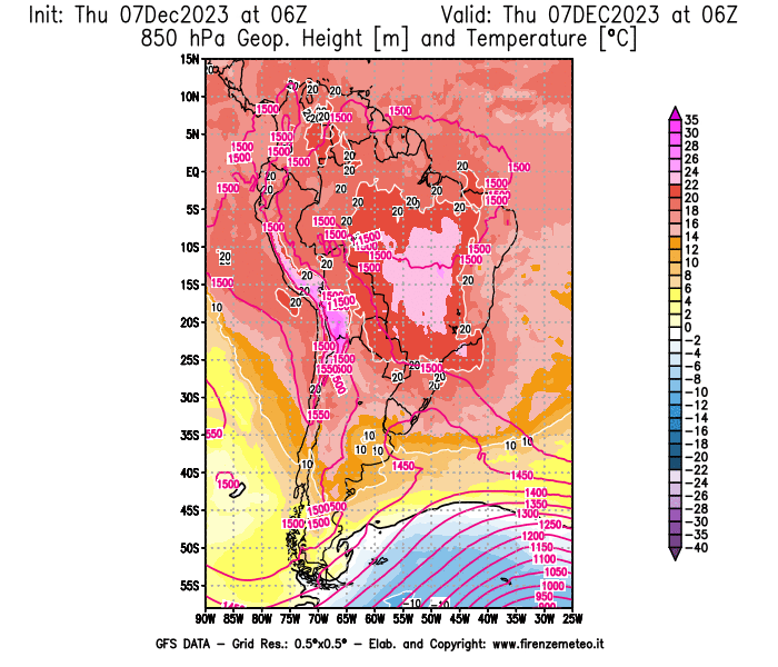 Mappa di analisi GFS - Geopotenziale e Temperatura a 850 hPa in Sud-America
							del 7 dicembre 2023 z06