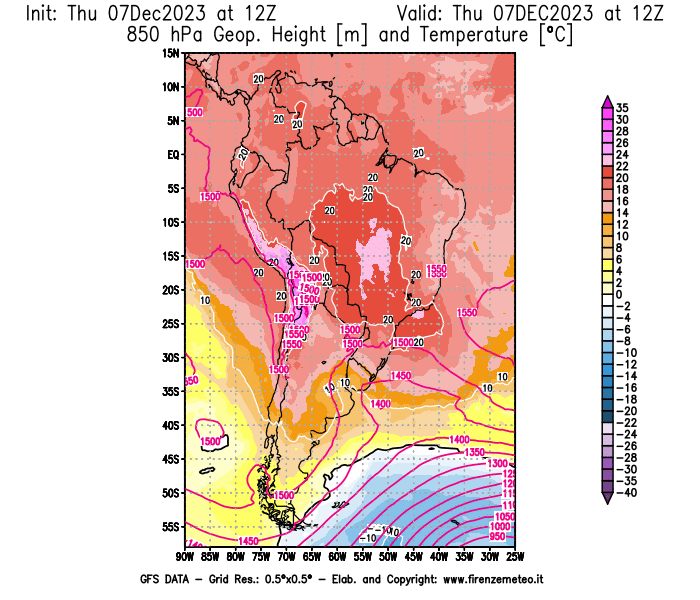 Mappa di analisi GFS - Geopotenziale e Temperatura a 850 hPa in Sud-America
							del 7 dicembre 2023 z12