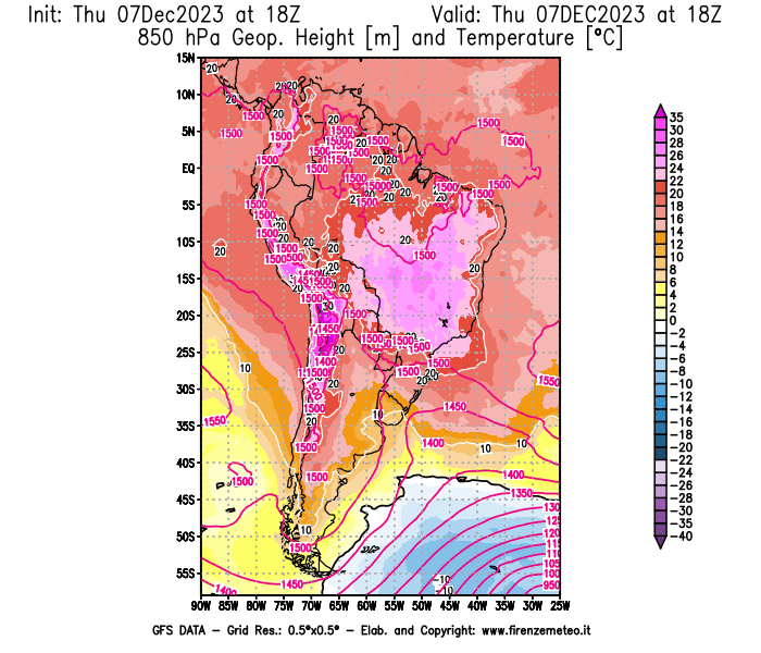 Mappa di analisi GFS - Geopotenziale e Temperatura a 850 hPa in Sud-America
							del 7 dicembre 2023 z18