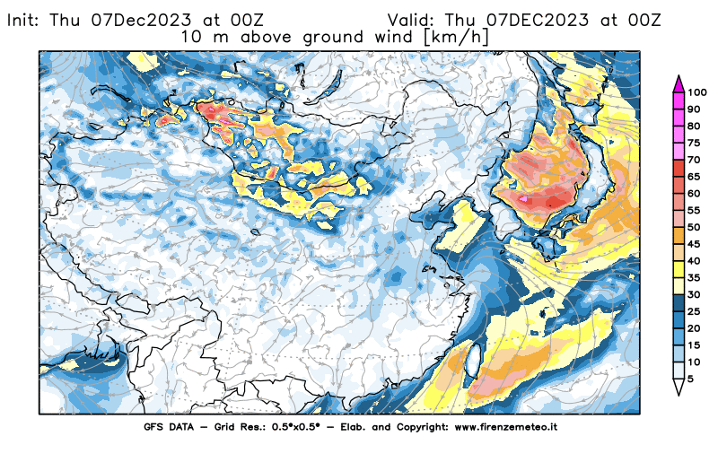 Mappa di analisi GFS - Velocità del vento a 10 metri dal suolo in Asia Orientale
							del 7 dicembre 2023 z00