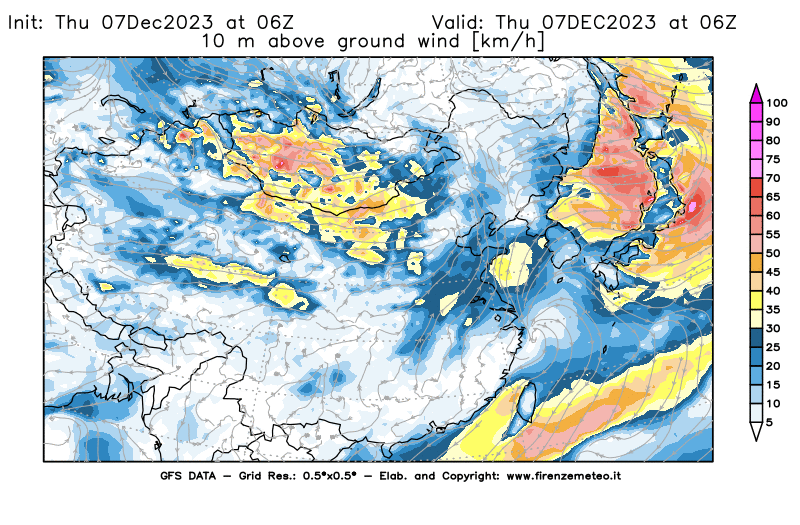 Mappa di analisi GFS - Velocità del vento a 10 metri dal suolo in Asia Orientale
							del 7 dicembre 2023 z06