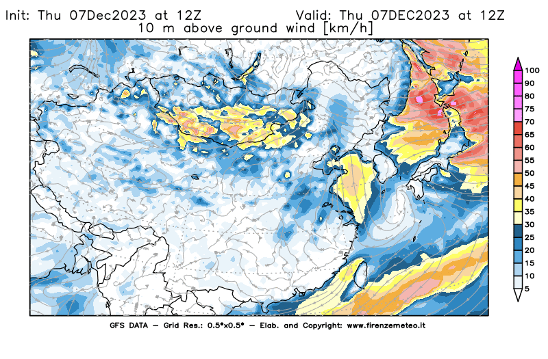 Mappa di analisi GFS - Velocità del vento a 10 metri dal suolo in Asia Orientale
							del 7 dicembre 2023 z12