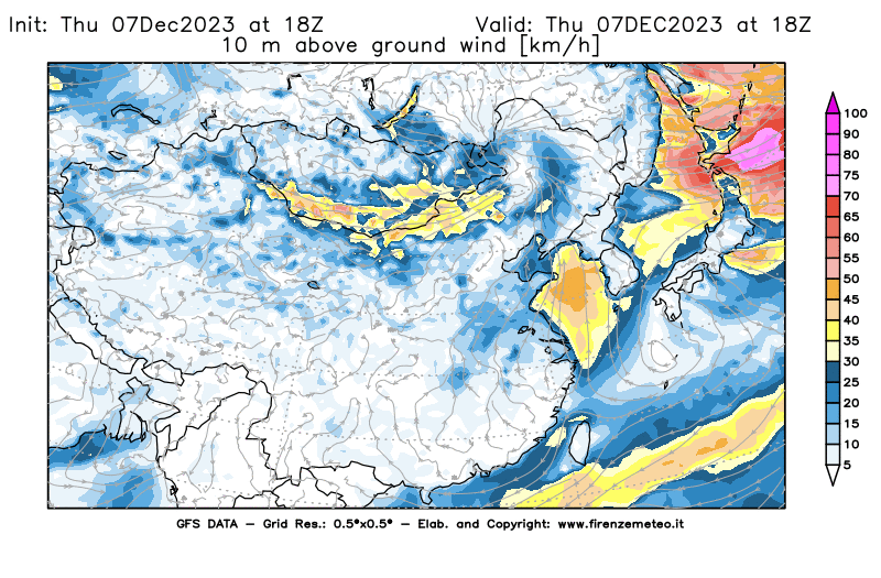 Mappa di analisi GFS - Velocità del vento a 10 metri dal suolo in Asia Orientale
							del 7 dicembre 2023 z18
