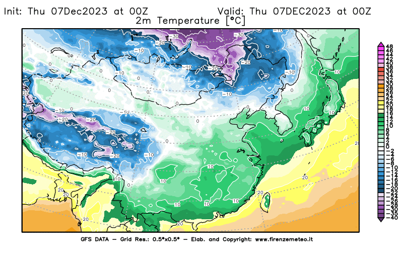 GFS analysi map - Temperature at 2 m above ground in East Asia
									on December 7, 2023 H00