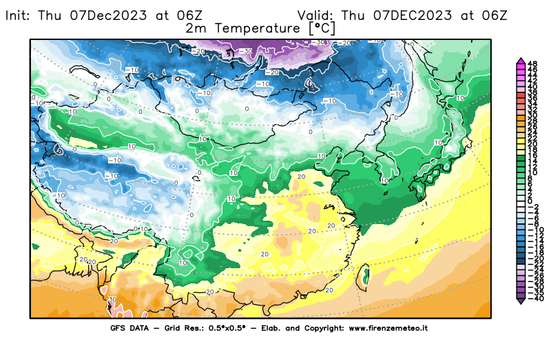 Mappa di analisi GFS - Temperatura a 2 metri dal suolo in Asia Orientale
							del 7 dicembre 2023 z06