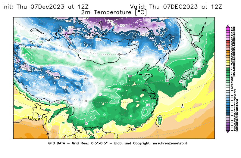 GFS analysi map - Temperature at 2 m above ground in East Asia
									on December 7, 2023 H12