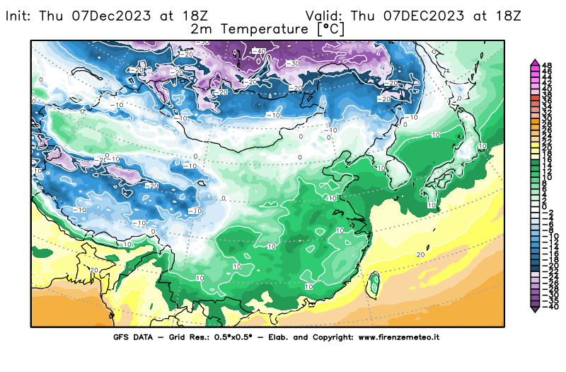GFS analysi map - Temperature at 2 m above ground in East Asia
									on December 7, 2023 H18