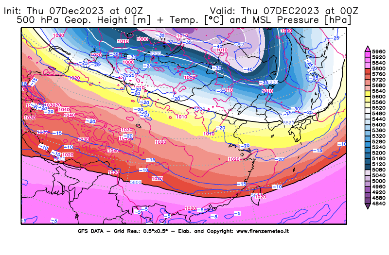 GFS analysi map - Geopotential + Temp. at 500 hPa + Sea Level Pressure in East Asia
									on December 7, 2023 H00
