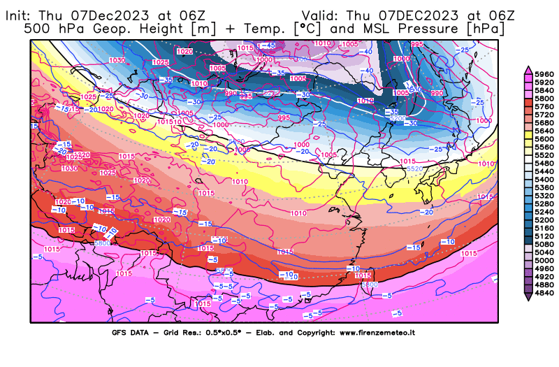 GFS analysi map - Geopotential + Temp. at 500 hPa + Sea Level Pressure in East Asia
									on December 7, 2023 H06