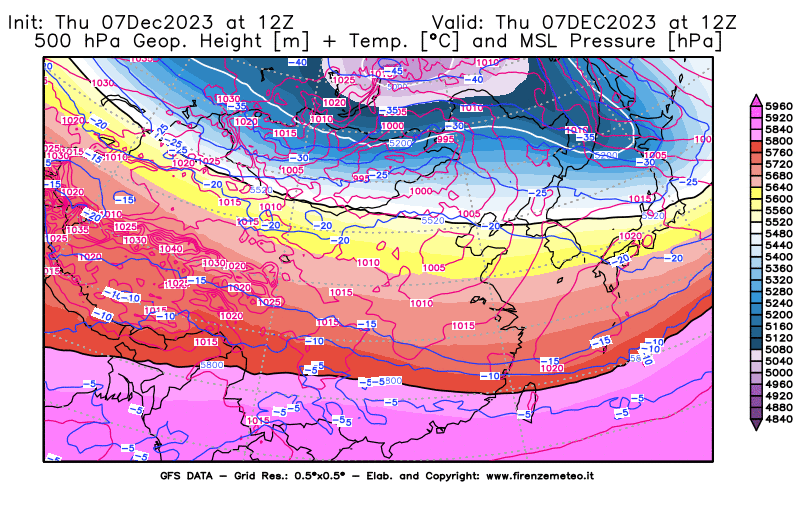 GFS analysi map - Geopotential + Temp. at 500 hPa + Sea Level Pressure in East Asia
									on December 7, 2023 H12