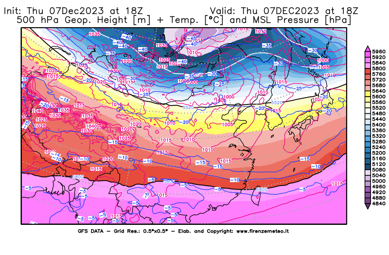 GFS analysi map - Geopotential + Temp. at 500 hPa + Sea Level Pressure in East Asia
									on December 7, 2023 H18