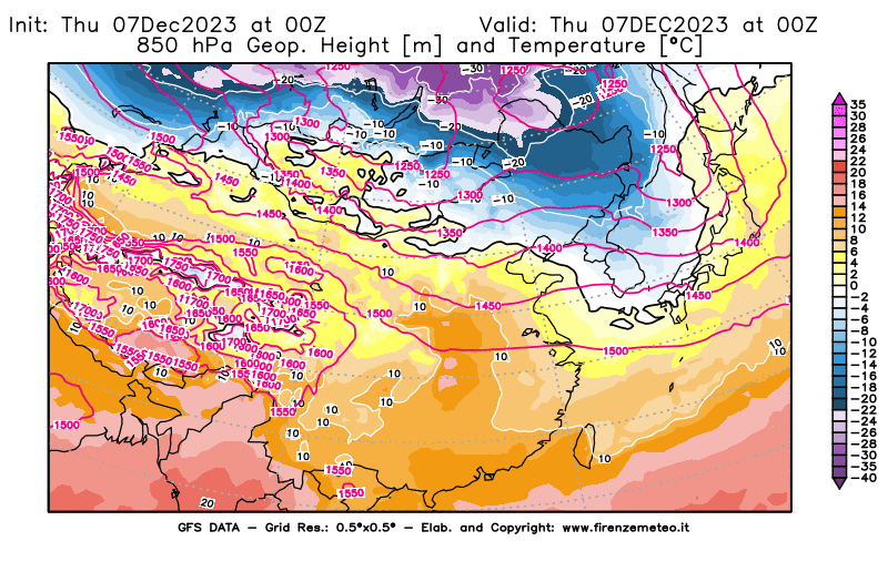 GFS analysi map - Geopotential and Temperature at 850 hPa in East Asia
									on December 7, 2023 H00