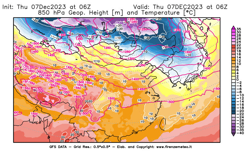 GFS analysi map - Geopotential and Temperature at 850 hPa in East Asia
									on December 7, 2023 H06