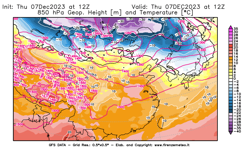 GFS analysi map - Geopotential and Temperature at 850 hPa in East Asia
									on December 7, 2023 H12