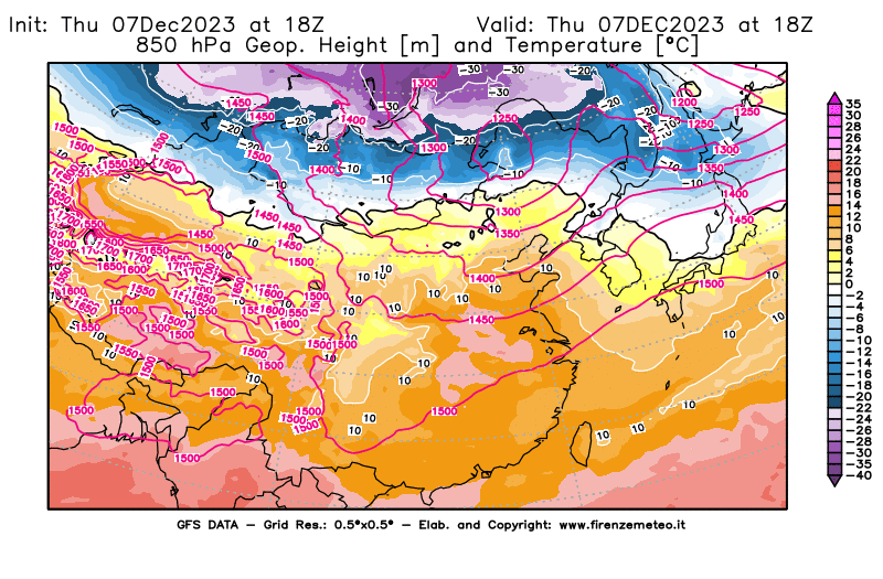 GFS analysi map - Geopotential and Temperature at 850 hPa in East Asia
									on December 7, 2023 H18