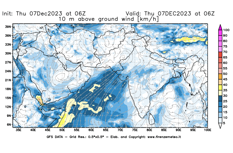 Mappa di analisi GFS - Velocità del vento a 10 metri dal suolo in Asia Sud-Occidentale
							del 7 dicembre 2023 z06