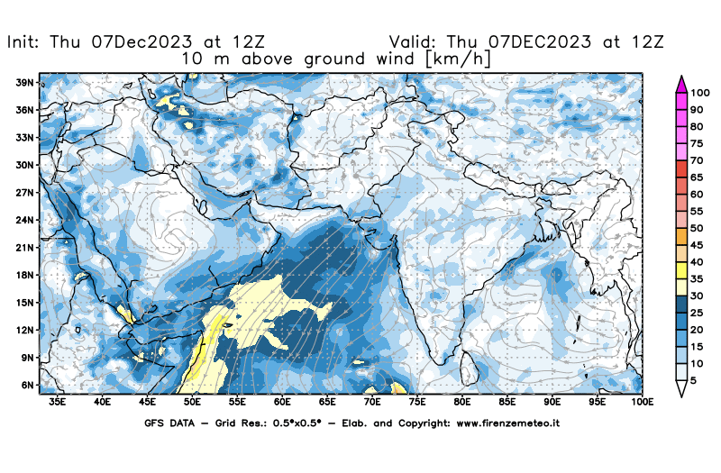 Mappa di analisi GFS - Velocità del vento a 10 metri dal suolo in Asia Sud-Occidentale
							del 7 dicembre 2023 z12