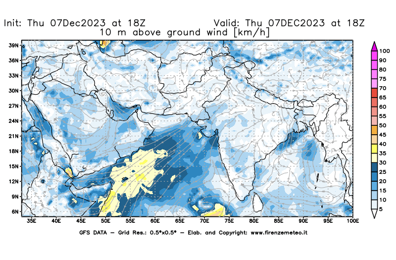 Mappa di analisi GFS - Velocità del vento a 10 metri dal suolo in Asia Sud-Occidentale
							del 7 dicembre 2023 z18