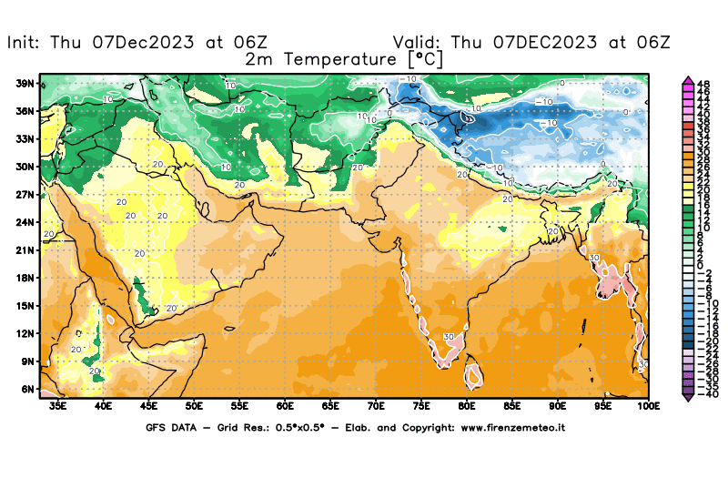 GFS analysi map - Temperature at 2 m above ground in South West Asia 
									on December 7, 2023 H06