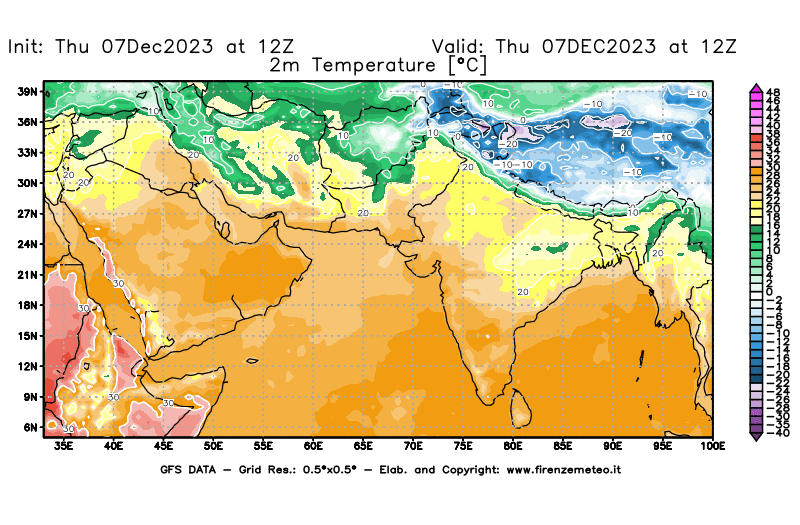 Mappa di analisi GFS - Temperatura a 2 metri dal suolo in Asia Sud-Occidentale
							del 7 dicembre 2023 z12