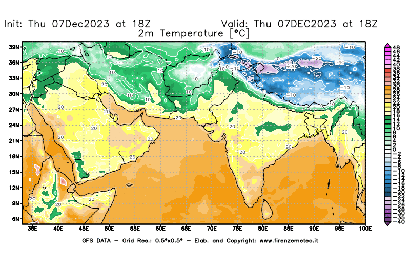 GFS analysi map - Temperature at 2 m above ground in South West Asia 
									on December 7, 2023 H18