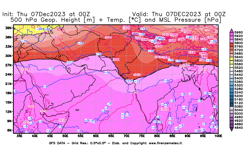 GFS analysi map - Geopotential + Temp. at 500 hPa + Sea Level Pressure in South West Asia 
									on December 7, 2023 H00