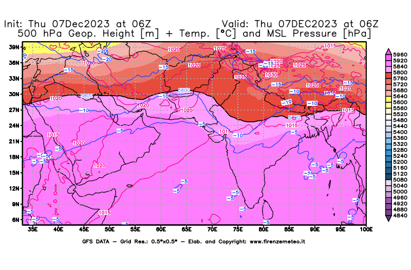 GFS analysi map - Geopotential + Temp. at 500 hPa + Sea Level Pressure in South West Asia 
									on December 7, 2023 H06