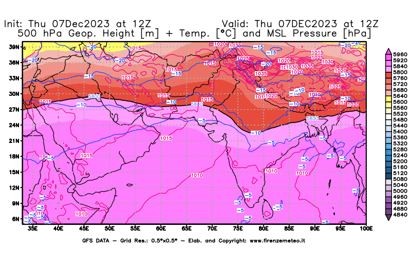 GFS analysi map - Geopotential + Temp. at 500 hPa + Sea Level Pressure in South West Asia 
									on December 7, 2023 H12