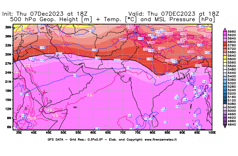 GFS analysi map - Geopotential + Temp. at 500 hPa + Sea Level Pressure in South West Asia 
									on December 7, 2023 H18