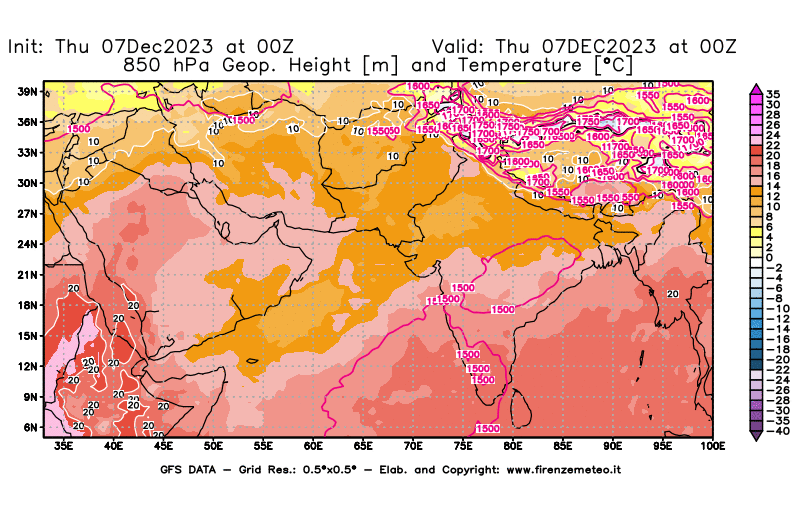 Mappa di analisi GFS - Geopotenziale e Temperatura a 850 hPa in Asia Sud-Occidentale
							del 7 dicembre 2023 z00