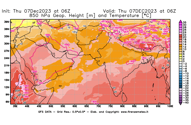 GFS analysi map - Geopotential and Temperature at 850 hPa in South West Asia 
									on December 7, 2023 H06