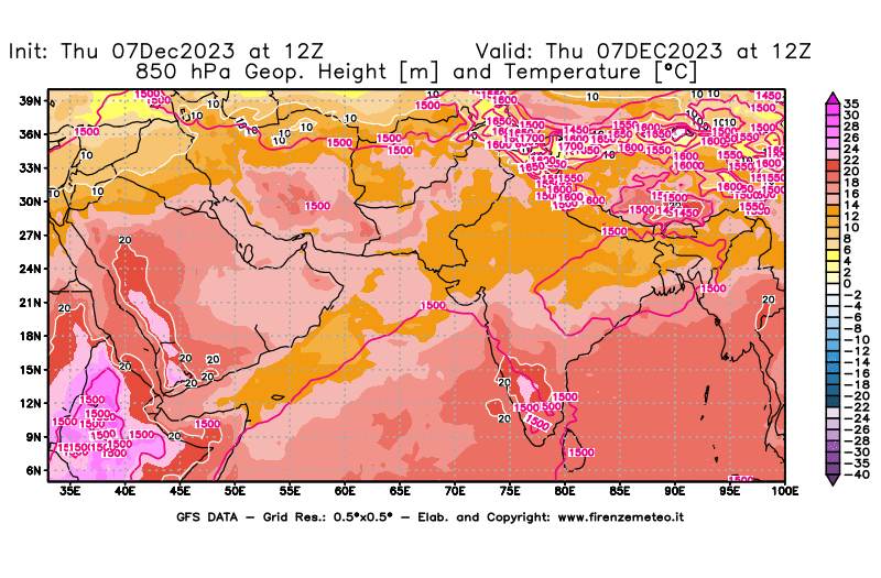 Mappa di analisi GFS - Geopotenziale e Temperatura a 850 hPa in Asia Sud-Occidentale
							del 7 dicembre 2023 z12