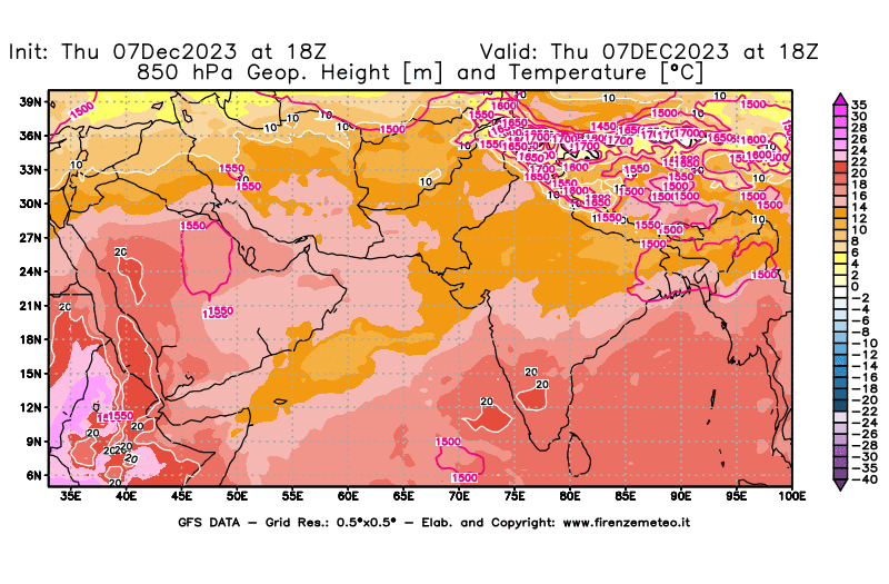 Mappa di analisi GFS - Geopotenziale e Temperatura a 850 hPa in Asia Sud-Occidentale
							del 7 dicembre 2023 z18