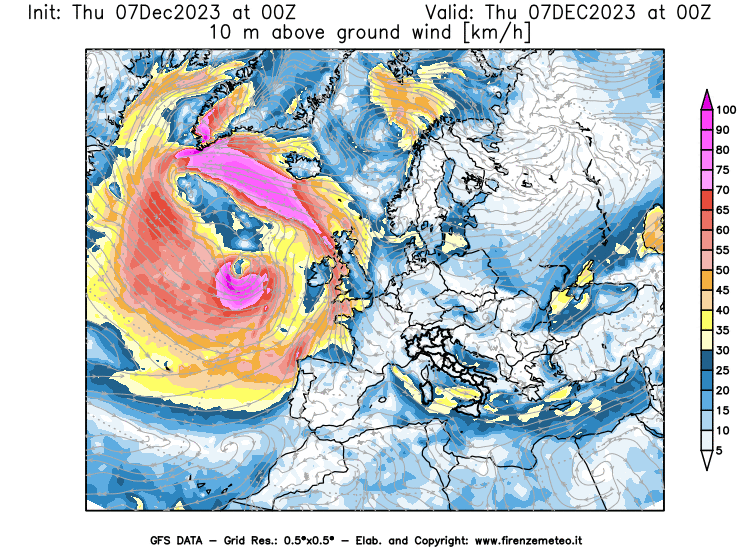 Mappa di analisi GFS - Velocità del vento a 10 metri dal suolo in Europa
							del 7 dicembre 2023 z00