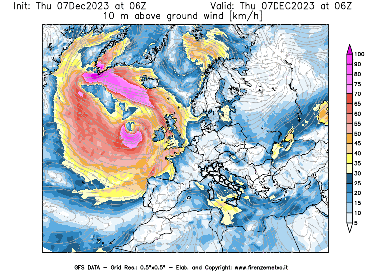 Mappa di analisi GFS - Velocità del vento a 10 metri dal suolo in Europa
							del 7 dicembre 2023 z06