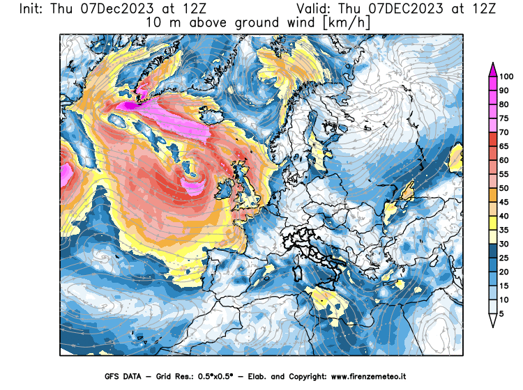 Mappa di analisi GFS - Velocità del vento a 10 metri dal suolo in Europa
							del 7 dicembre 2023 z12