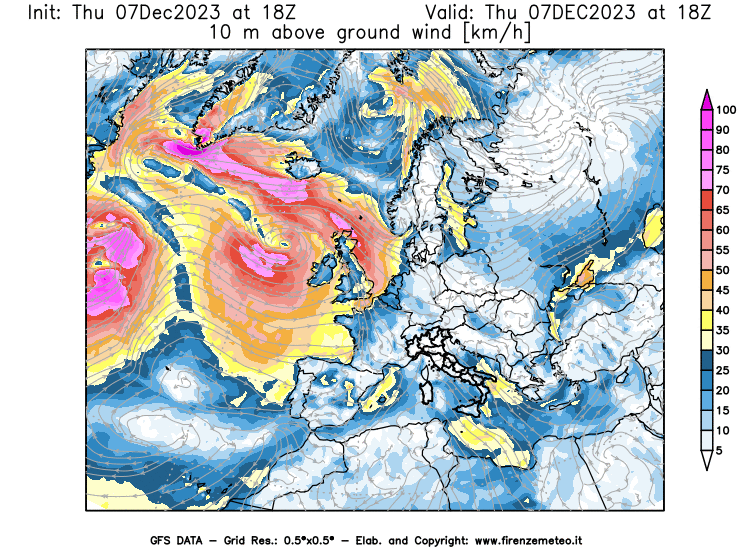 Mappa di analisi GFS - Velocità del vento a 10 metri dal suolo in Europa
							del 7 dicembre 2023 z18