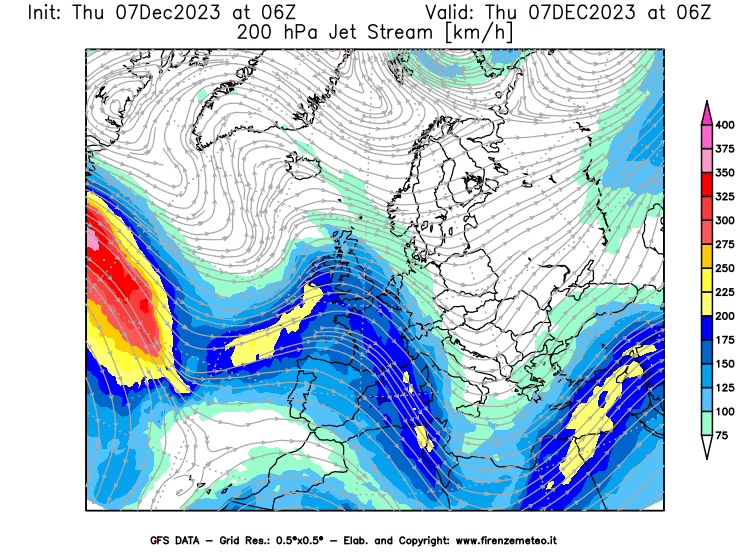 GFS analysi map - Jet Stream at 200 hPa in Europe
									on December 7, 2023 H06