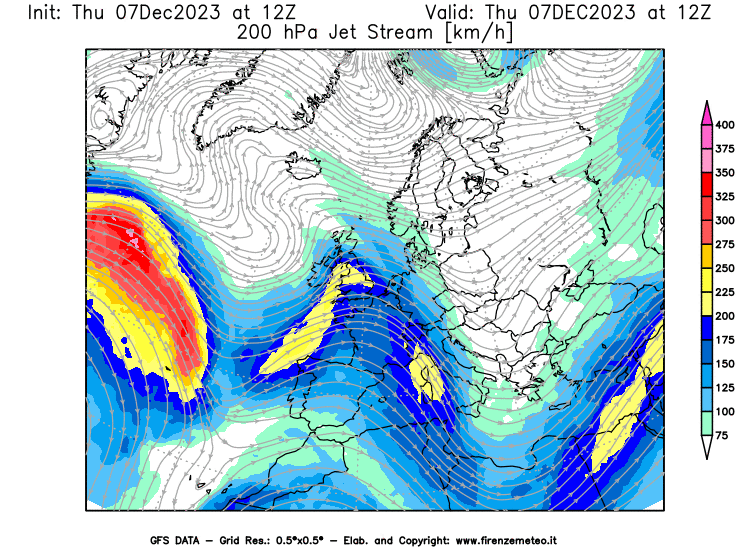 GFS analysi map - Jet Stream at 200 hPa in Europe
									on December 7, 2023 H12