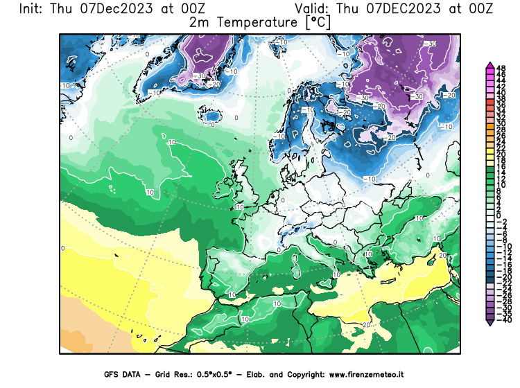 Mappa di analisi GFS - Temperatura a 2 metri dal suolo in Europa
							del 7 dicembre 2023 z00