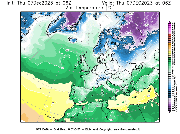 Mappa di analisi GFS - Temperatura a 2 metri dal suolo in Europa
							del 7 dicembre 2023 z06