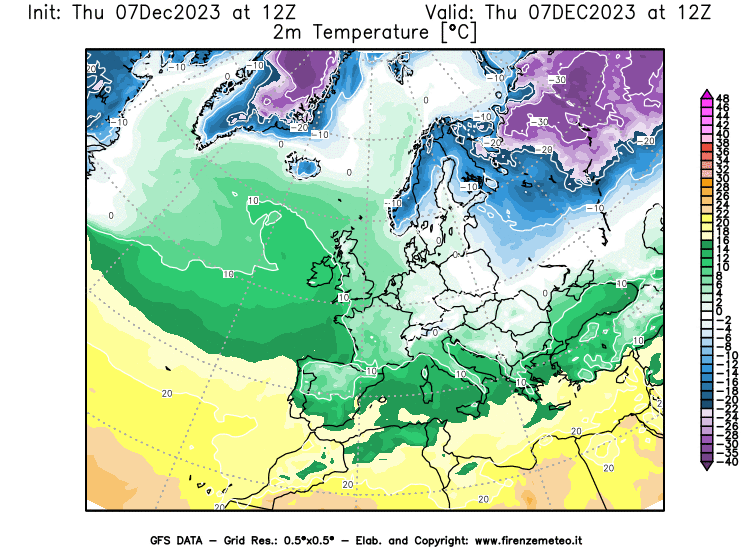 Mappa di analisi GFS - Temperatura a 2 metri dal suolo in Europa
							del 7 dicembre 2023 z12