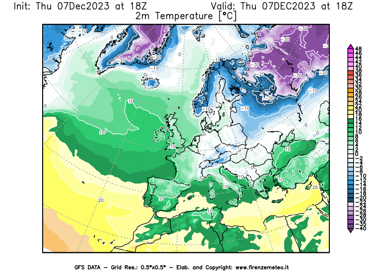 Mappa di analisi GFS - Temperatura a 2 metri dal suolo in Europa
							del 7 dicembre 2023 z18