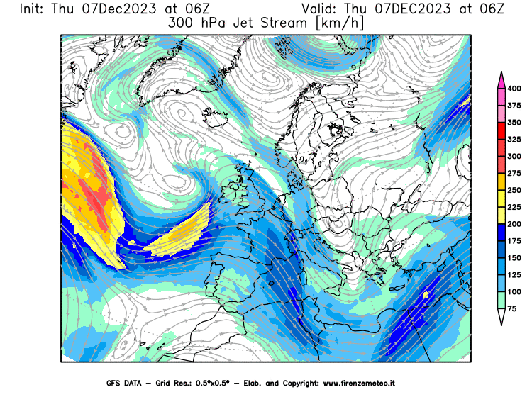 GFS analysi map - Jet Stream at 300 hPa in Europe
									on December 7, 2023 H06