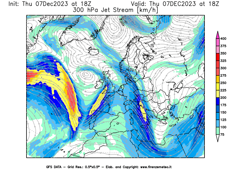 GFS analysi map - Jet Stream at 300 hPa in Europe
									on December 7, 2023 H18