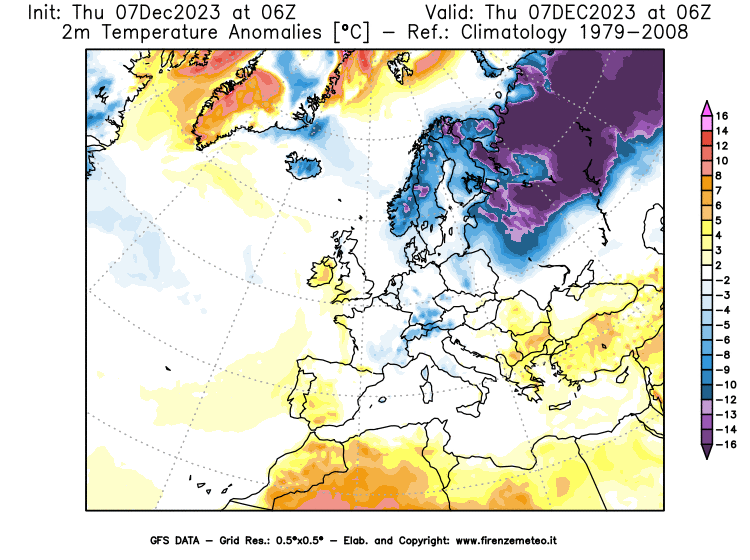 Mappa di analisi GFS - Anomalia Temperatura a 2 m in Europa
							del 7 dicembre 2023 z06